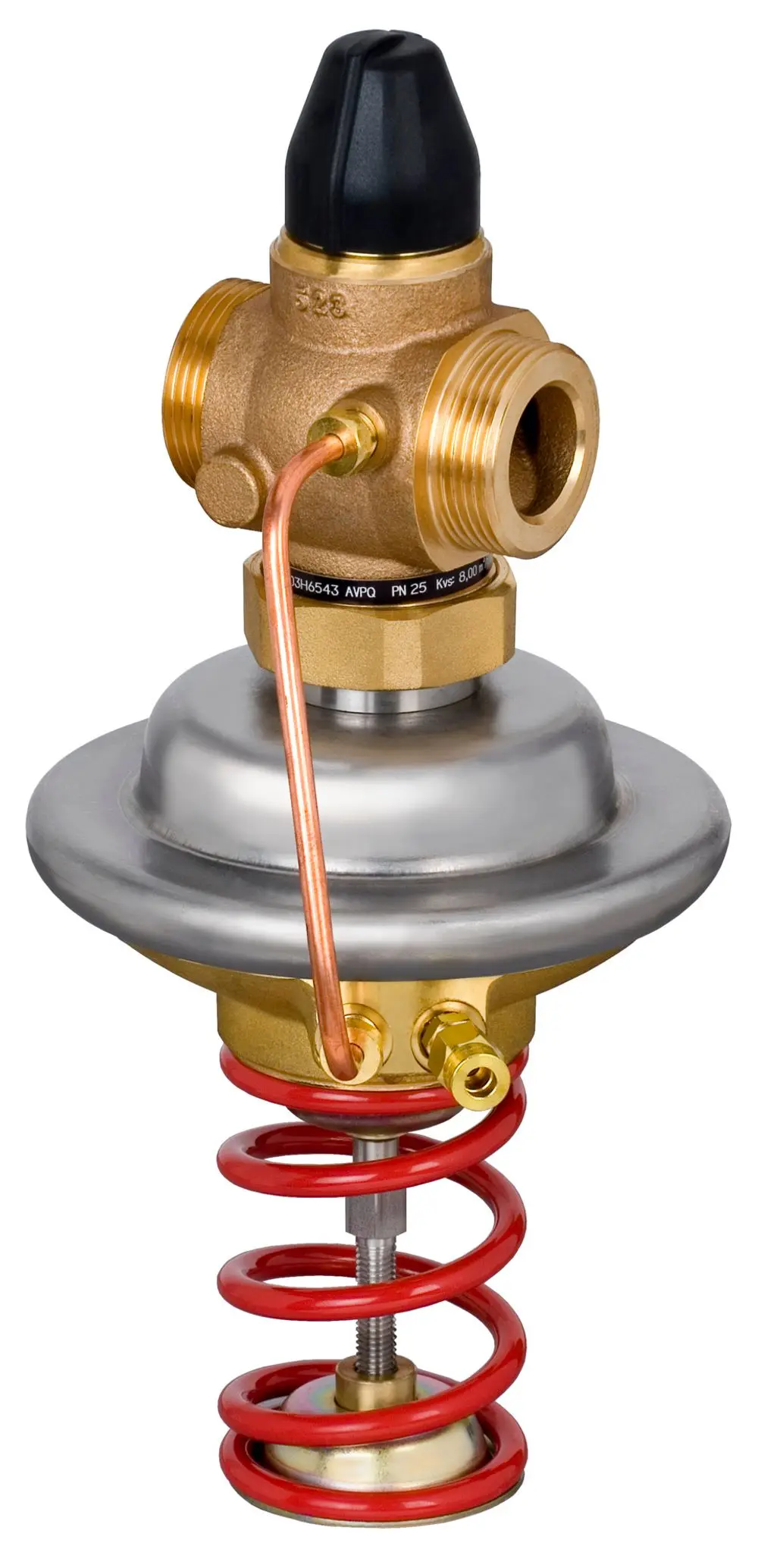 Danfoss-Druckregler mit einem metallischen Gehäuse und einer roten Feder. Anschlüsse für Zufluß und Abfluß sind an den Seiten sichtbar.